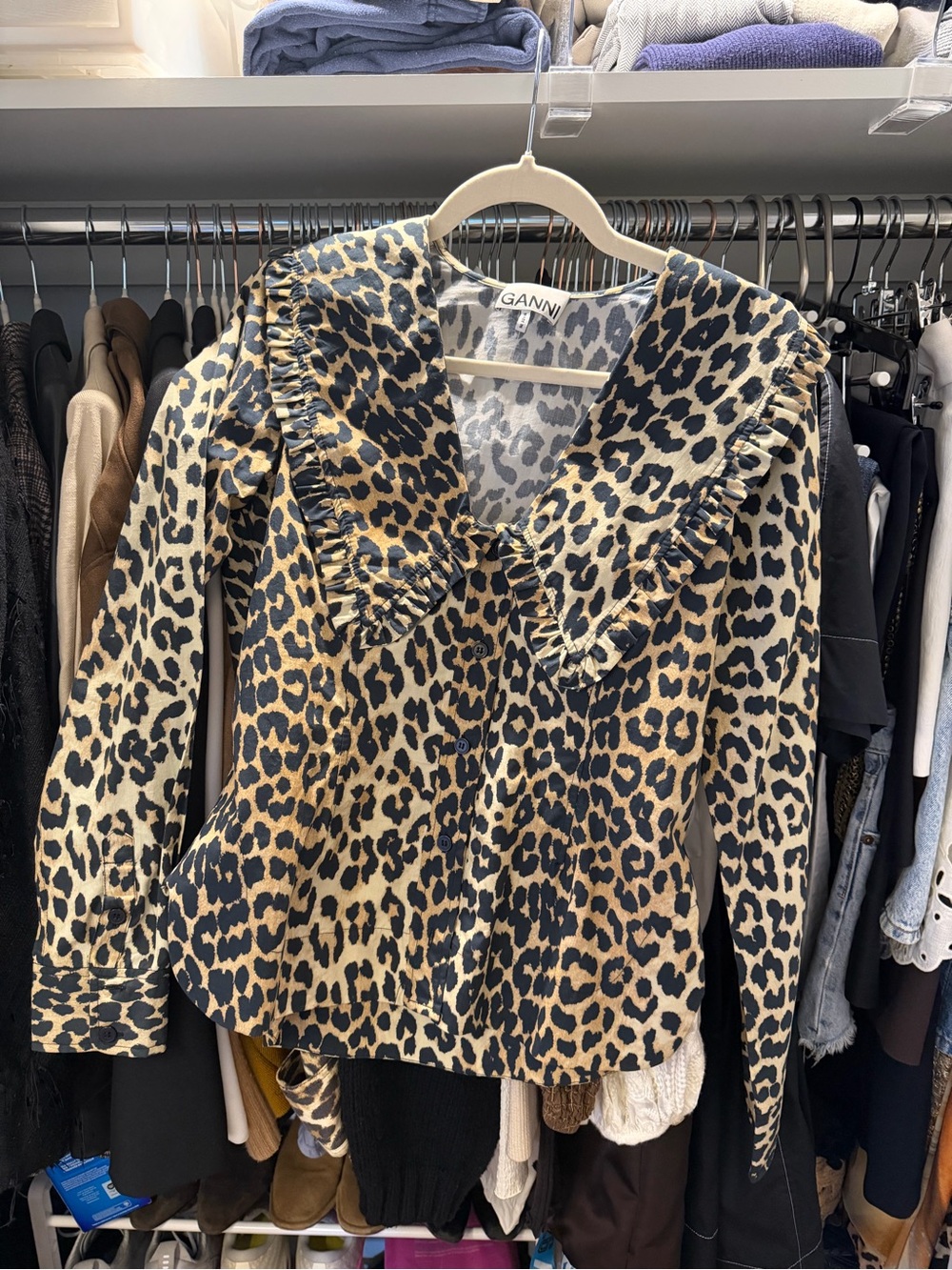 Ganni Leopard Print Bib Collar Shirt